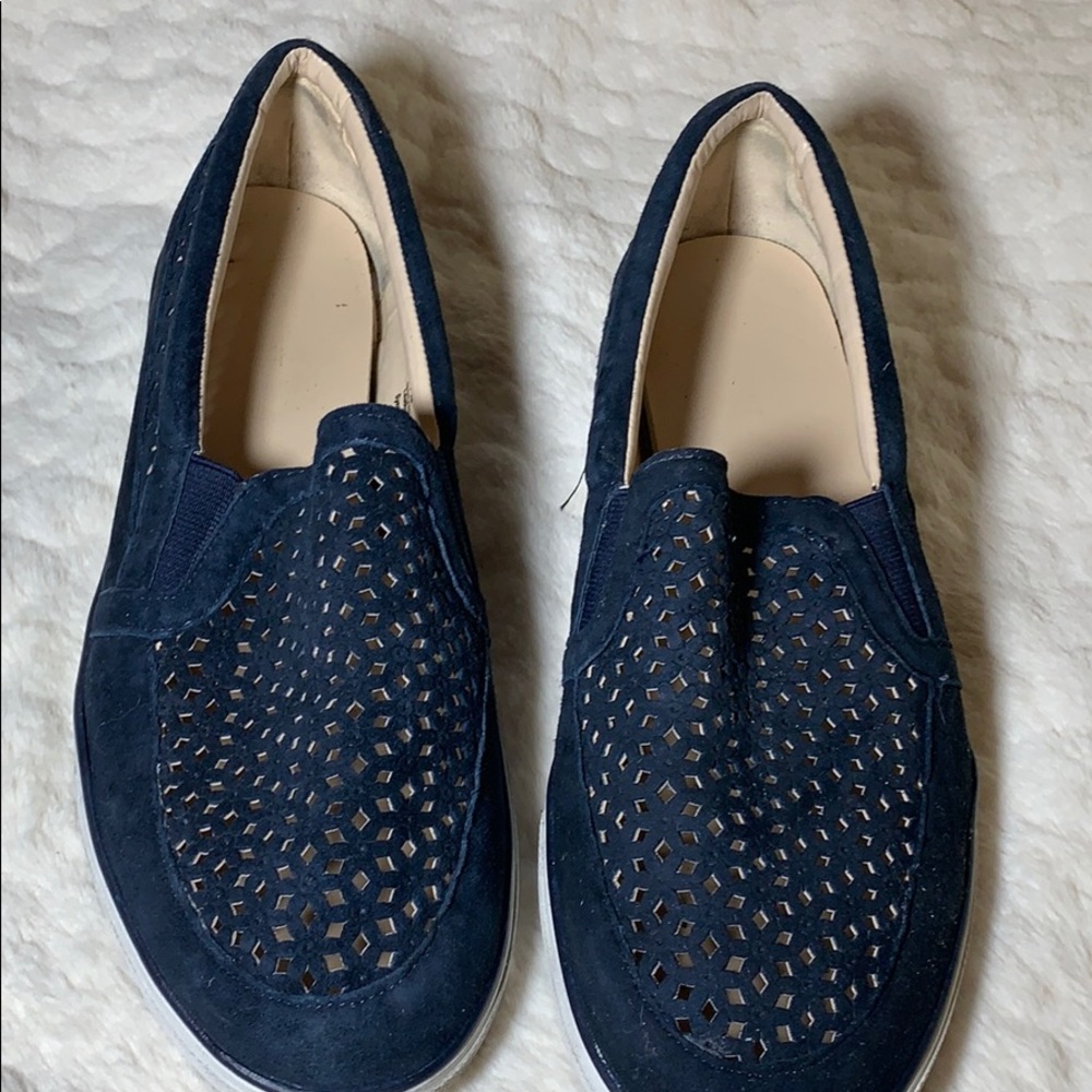 Nine West Navy Blue Suede Lattice Cut Slip Ons